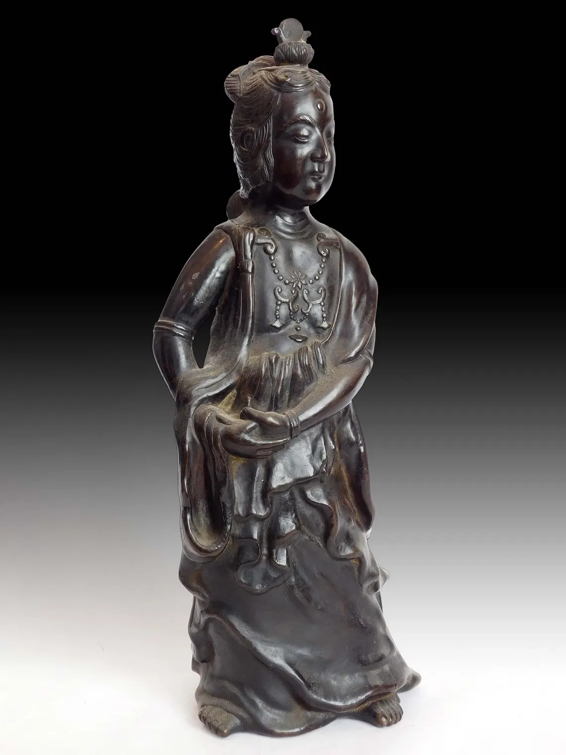 Vintage Japanese Bronze Kannon Bosatsu Kakei Reign Seal Guan Yin Buddha Statue 14 inch H 觀音菩薩