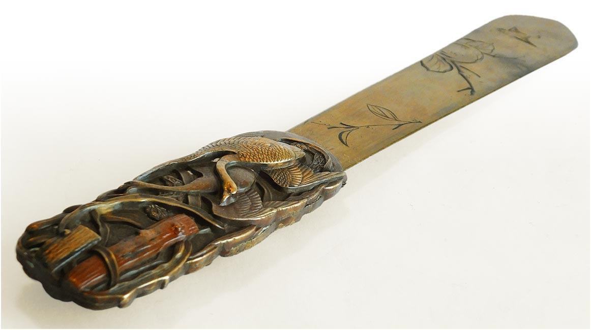 Two Flying Cranes Page Turner Scroll Weight Vintage Japanese Shakudo Bronze Scholar Utensil 青銅雙鶴書擺件