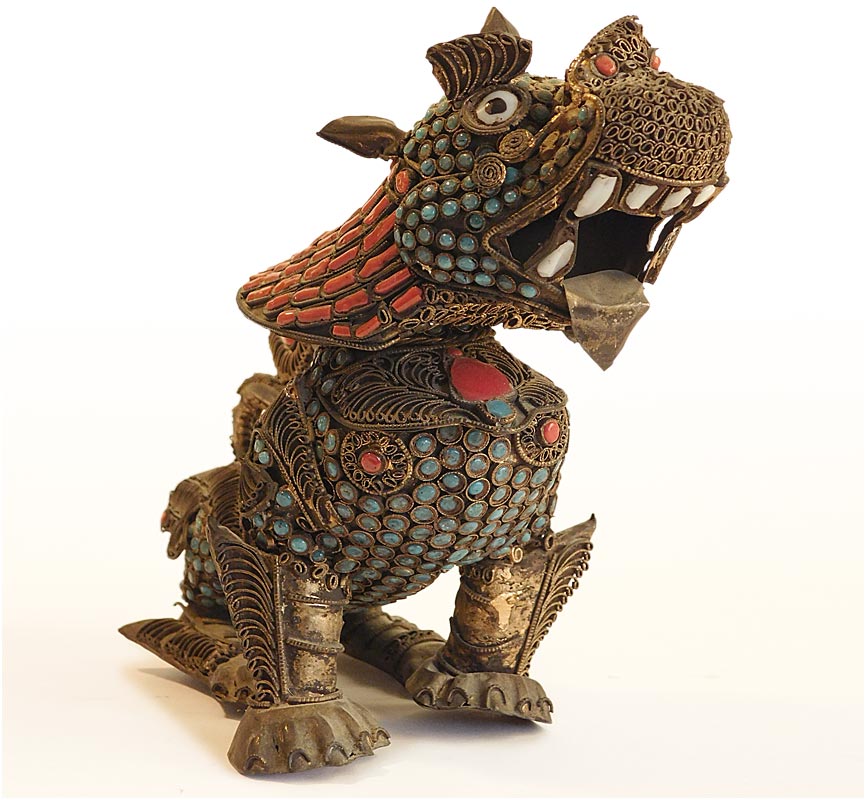 Foo Dog Lion Chinthe Antique Nepalese Jeweled Copper Censer Incense Burner 辟邪狮子香爐