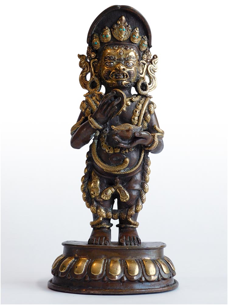 Vintage Nepalese Gilded Bronze Lion Face God of Wealth Mahakala Buddha 玛哈嘎拉大黑天神菩
