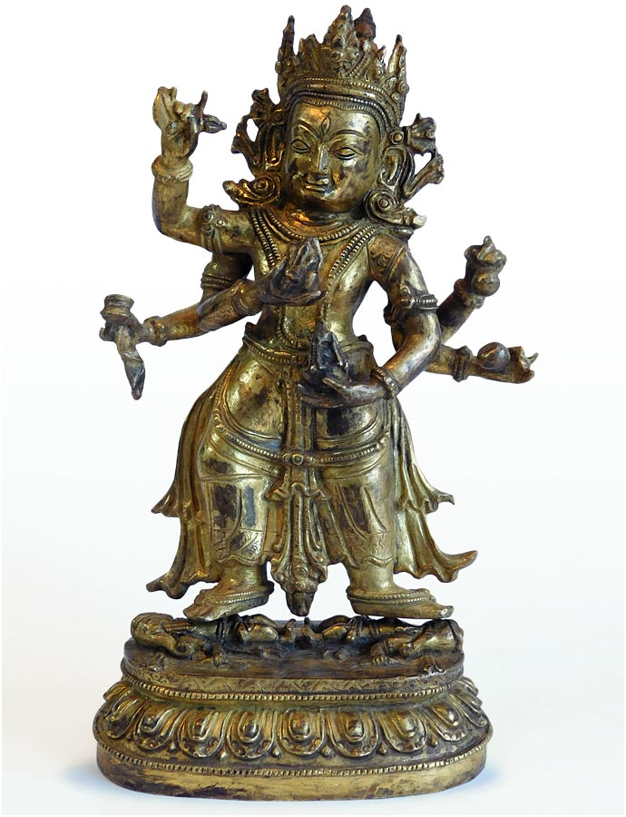 Benevolent Six-Armed White Mahakala Chinese Gilt Bronze Antique Buddha Statue 玛哈嘎拉