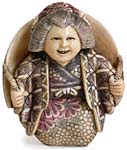 Okame with Okame Mask Netsuke