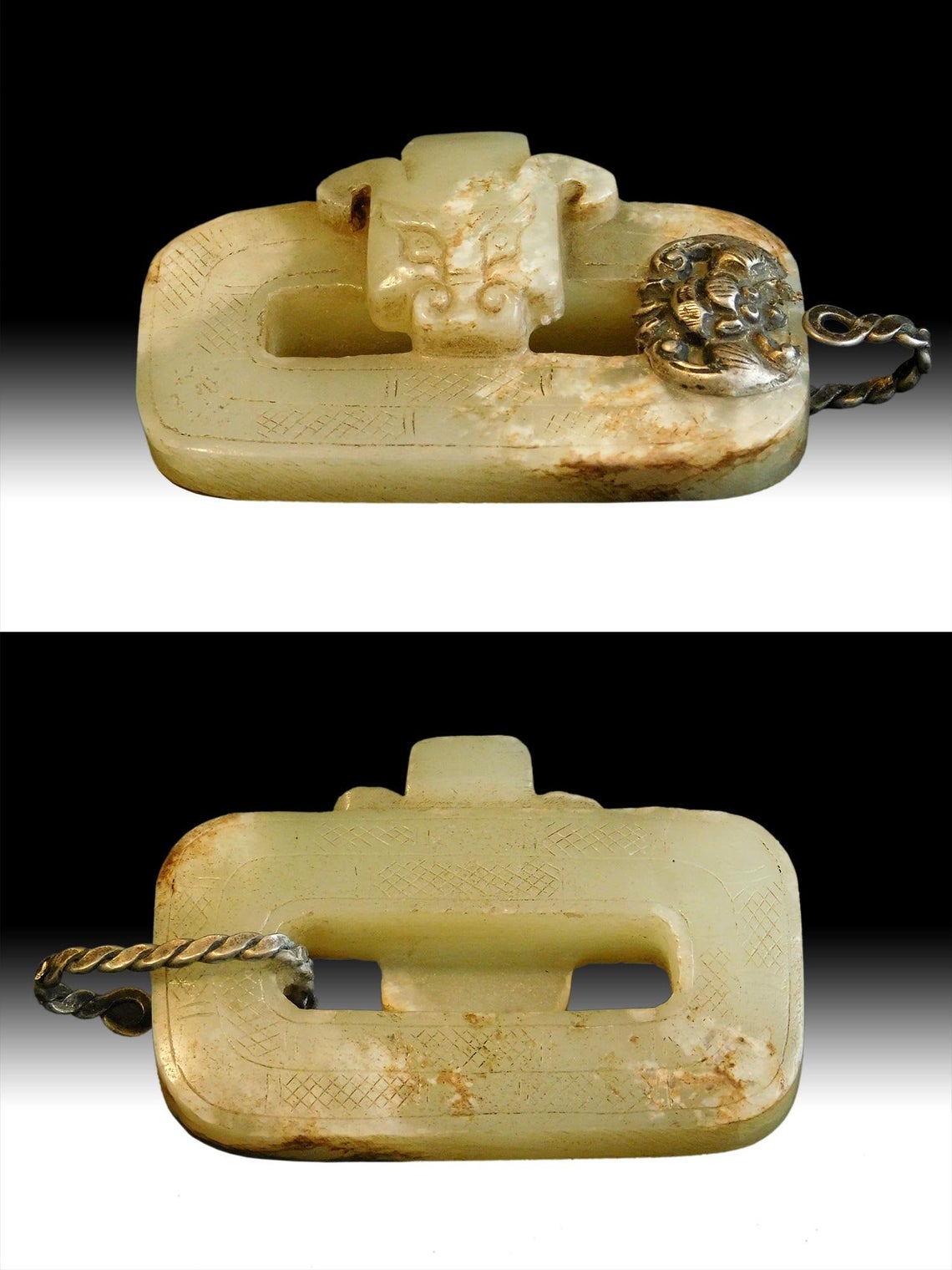 Antique Chinese Carved Dragon Jade Belt Clasp with Bat Silver Bail 明朝玉龍带扣