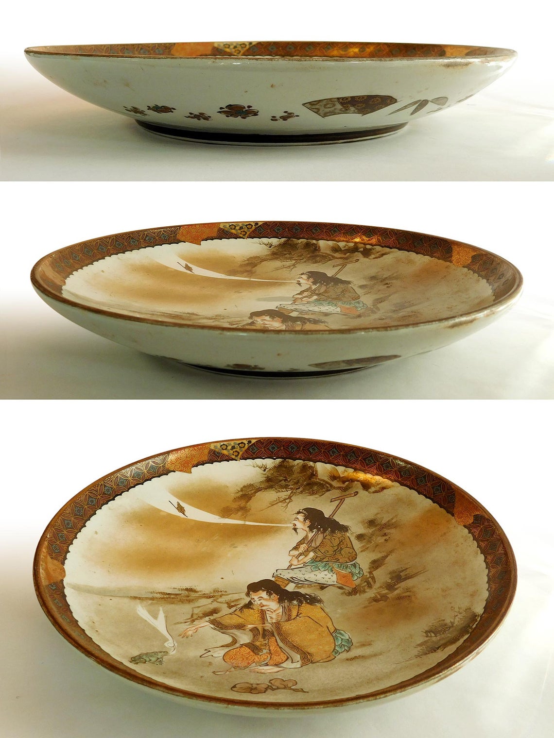 Tekkai & Gama Sennin Antique Kutani Charger Ceramic Platter 鉄拐仙人蝦蟇仙人九谷焼拼盤