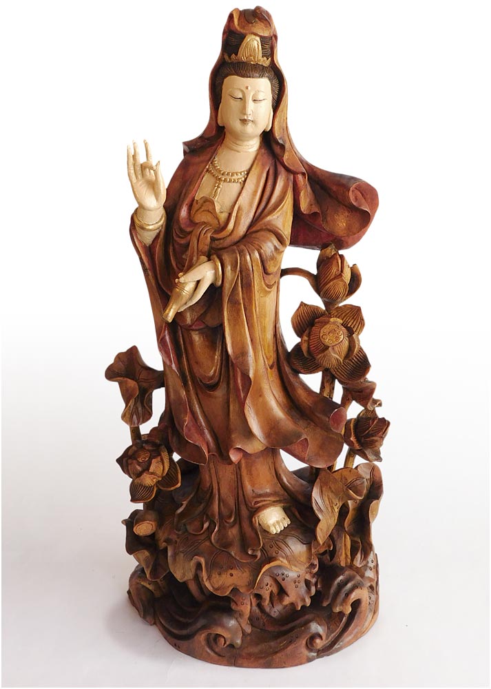 Antique Lotus Guan Yin Bodhisattva Goddess Compassion Fruit Wood Statue 南海蓮花觀音