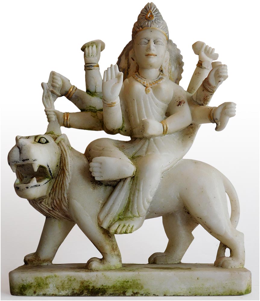 Vintage Eight Armed Kali Goddess Durga on Lion Vintage Carved Marble Statue
