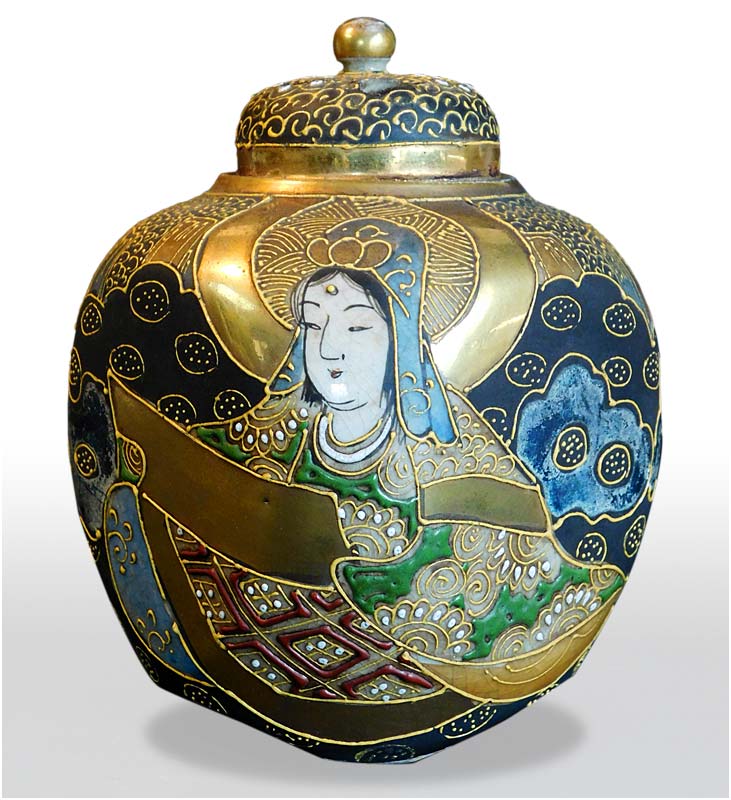 Kannon Bosatsu Rakan Zen Master Japanese Taisho Antique Satsuma Porcelain Koro Signed 薩摩羅漢観音