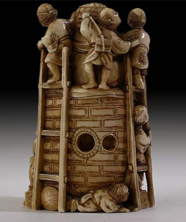 Nine Men Cleaning Buddha Netsuke back