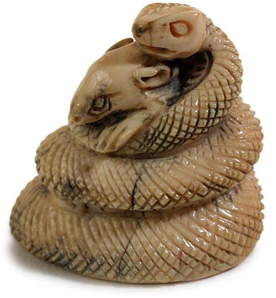 Spiral Snake Catching Mouse Netsuke
