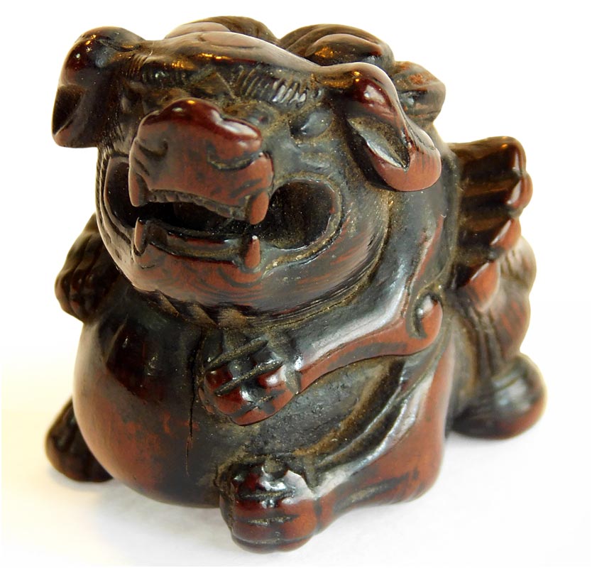 Antique Japanese Kara Shishi Guardian Lion with Ball Cherry Wood Netsuke 獅子根付