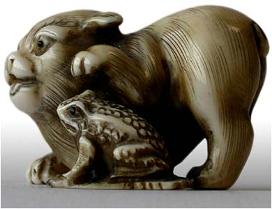  Puppy Playing with Frog  Netsuke 