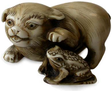  Puppy Playing with Frog  Ivory Netsuke