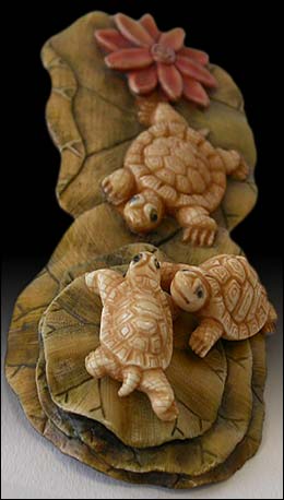 Turtles on Lotus Leaves Polychrome Netsuke