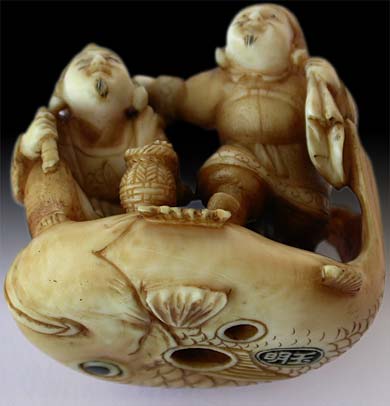 Ebisu Daikoku Carp Netsuke Sig Meigyoku