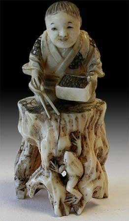 Boy Feeding Frog Netsuke