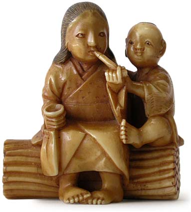 Smoking Mother and Child Netsuke 