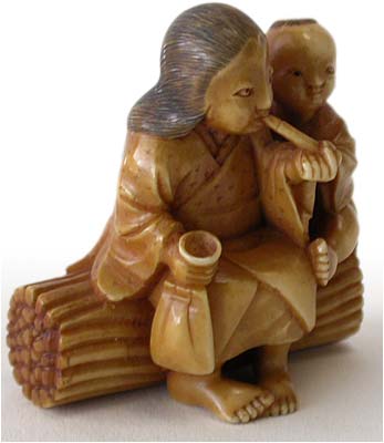 Smoking Mother and Child Netsuke rt