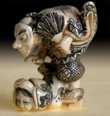 Noh Mask Bakamono Netsuke lt