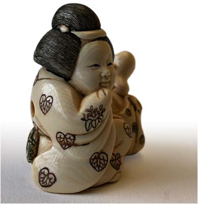 Okame Playing Tengu Netsuke rt