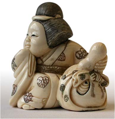 Okame Playing Tengu Netsuke lt