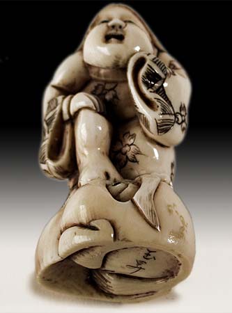 Okame on Nose Netsuke Signed Gyokusho