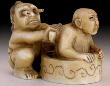 Oni Bathing Man Trick Netsuke rt