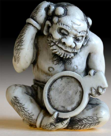 Oni Grooming Ivory Netsuke Signed Meigyokusai