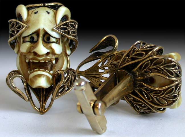 Hannya Mask Ivory Netsuke Gold Cufflinks