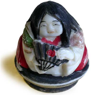 Polychrome Girl on Saki Cup Netsuke 