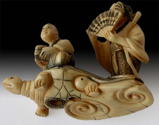 Urashima on Minogame Netsuke Signed Shogyokusai