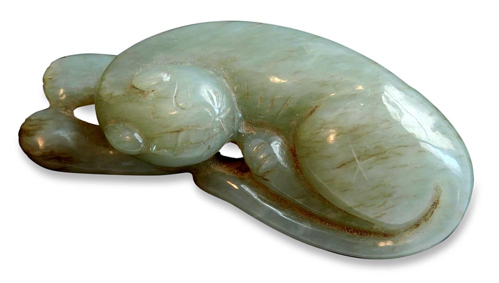 Ming Style Recumbent Cat Chinese Carved Antique Celadon Nephrite Jade Toggle 招財貓软玉珮