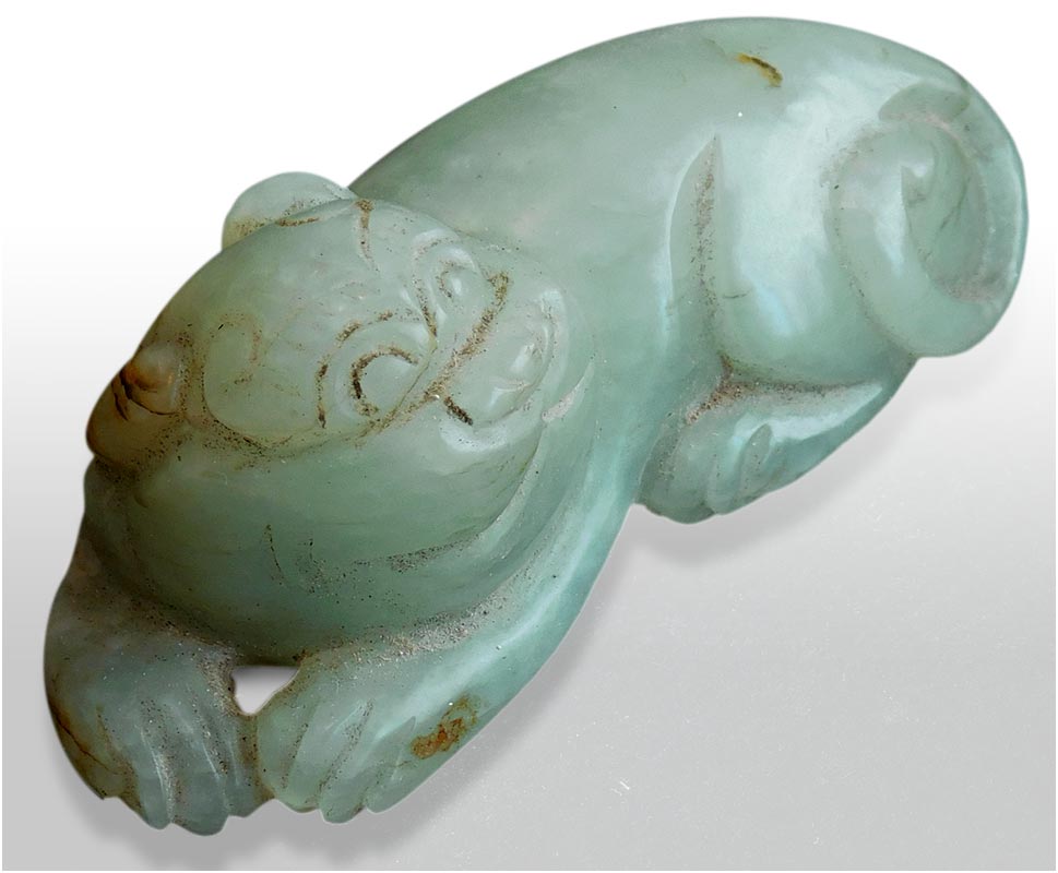 Chimera Bixie Guardian Antique Chinese Carved Nephrite Jade Toggle Charm Pendant 古董辟邪青玉珮