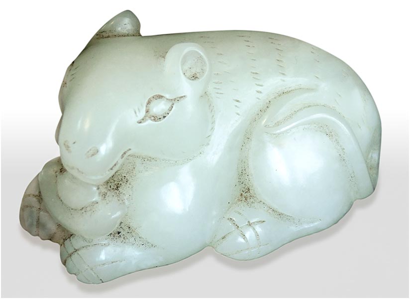 God of Wealth Jambhala Jewel Mongoose Antique Chinese Carved White Jade Toggle 财神猫鼬白玉珮
