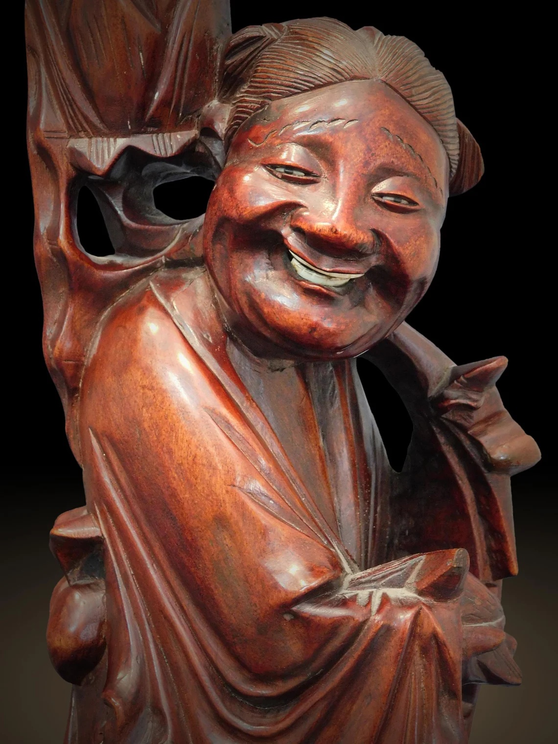 Laughing Taoist Immortal Vintage Chinese Rosewood Buddha Statue