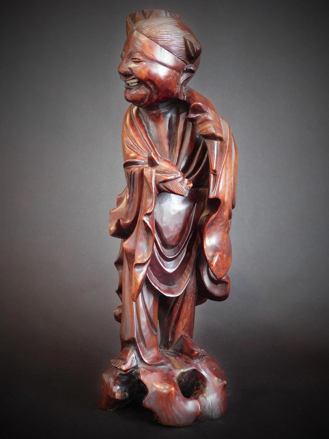 Laughing Taoist Immortal Vintage Chinese Rosewood Buddha Statue