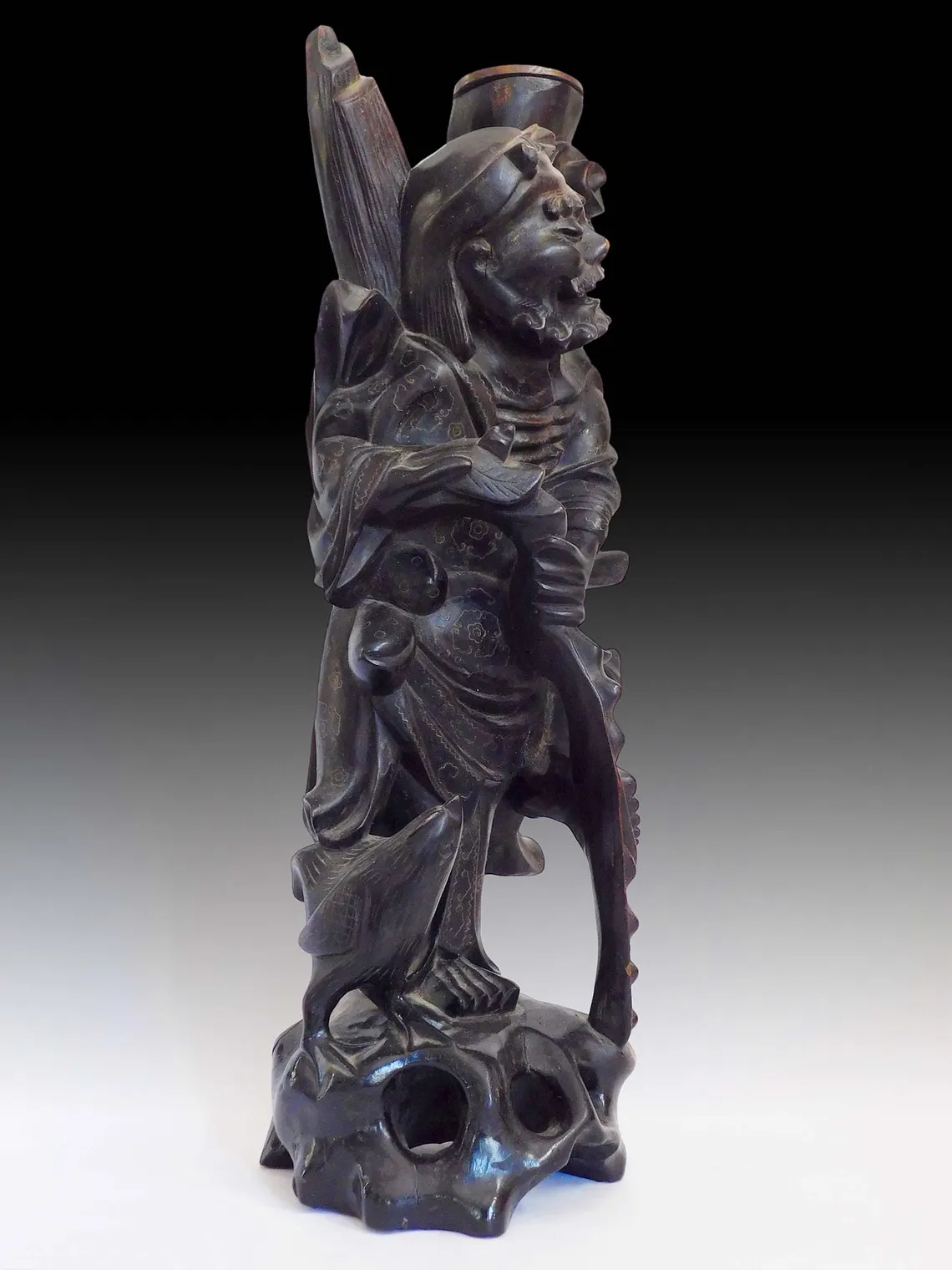 Silver Wired Ebony Wood Buddha Statue